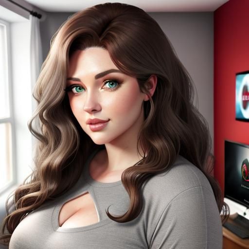 Brrunette lady with wavy hair, sparkling eyes, curvy, cute f...