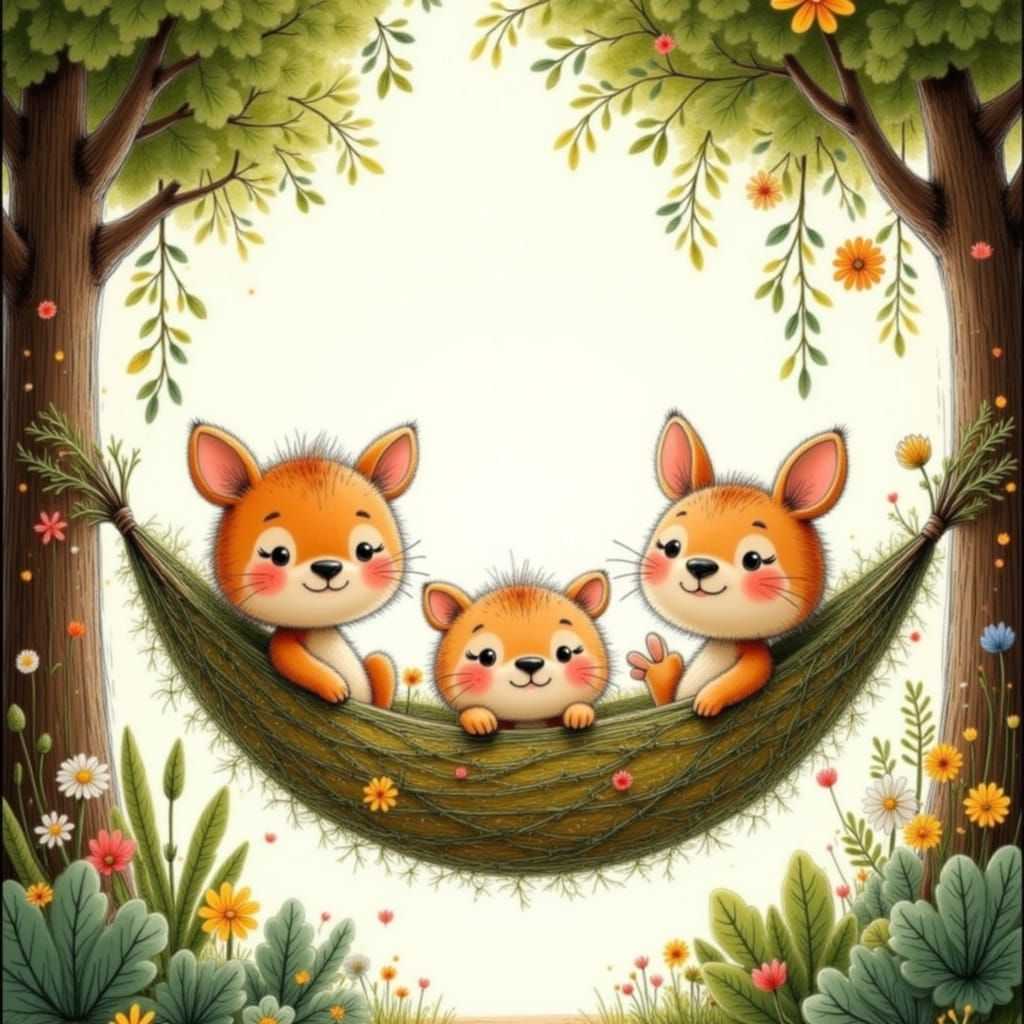 Forest Animals in Vine Hammock Whimsical Illustration