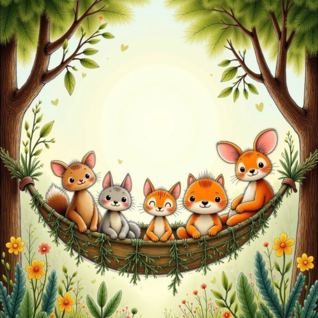 Adorable Forest Animals in Vine Hammock Whimsy
