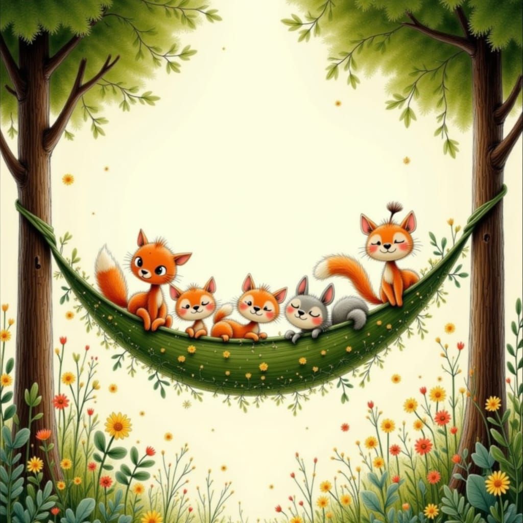 Whimsical Forest Animals in Vine Hammock Illustration