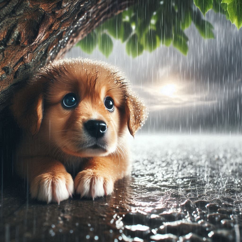 Puppy hiding from rain