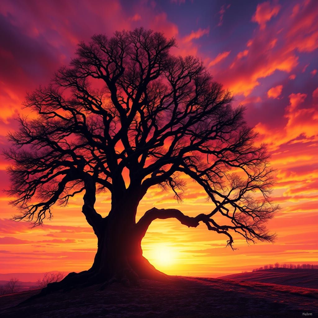 Oak tree silhouetted against a bright sunset  by @Sharoja