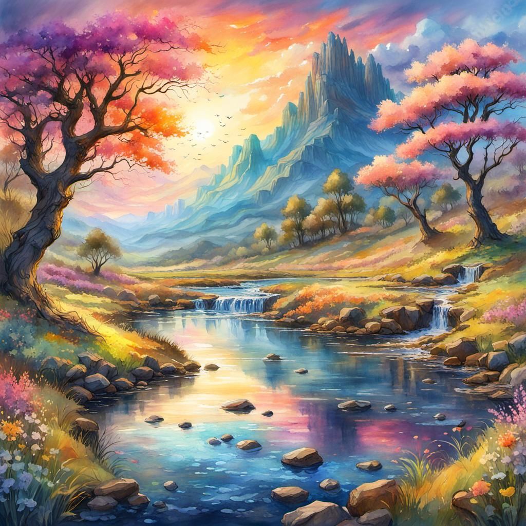 Sunset spring landscape splashy Watercolour.