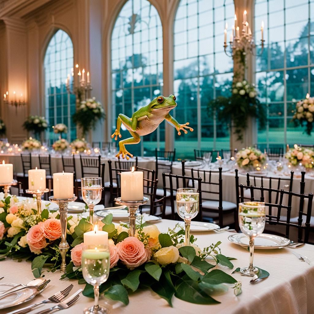 a green leaf frog jumps on the wedding table  by @kk