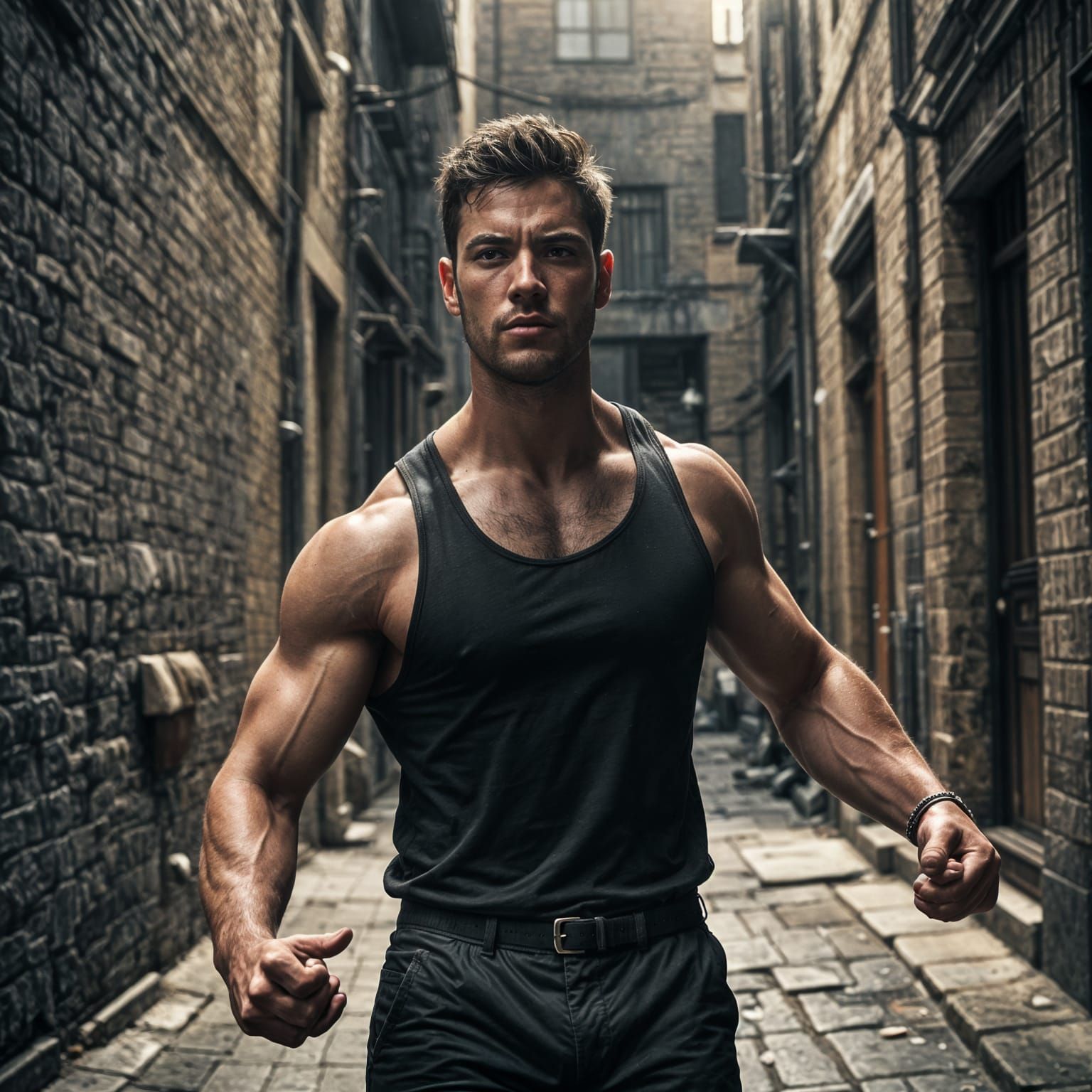 Cinematic Film Still of Muscular Man Doing Pull-Ups
