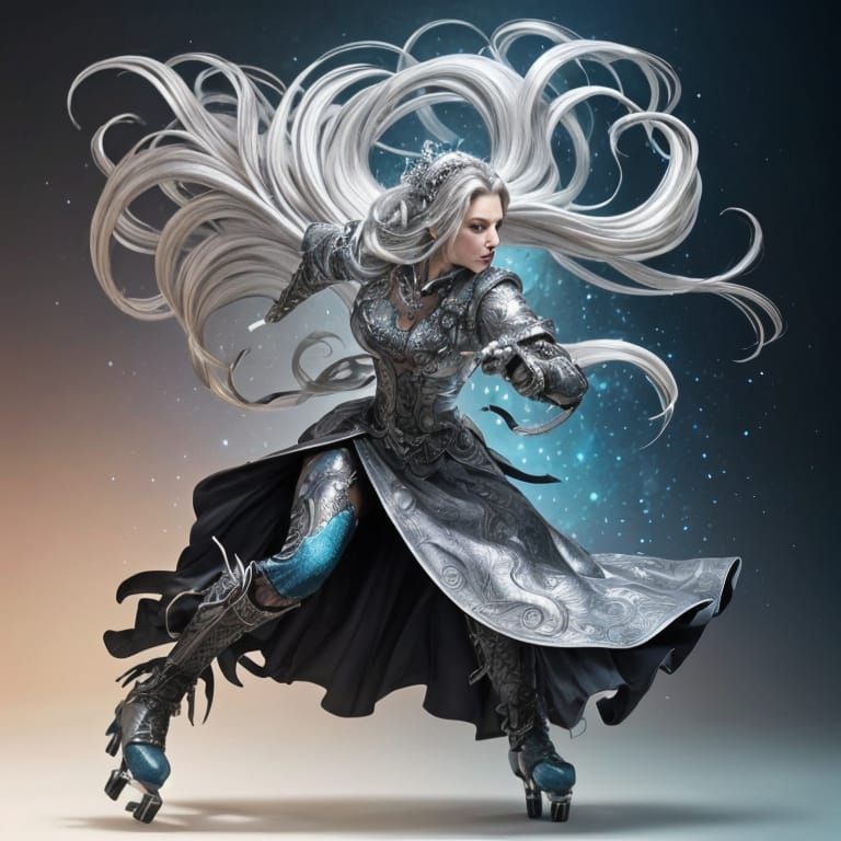 Completely silver woman, woman’s skin, woman’s very long hai...