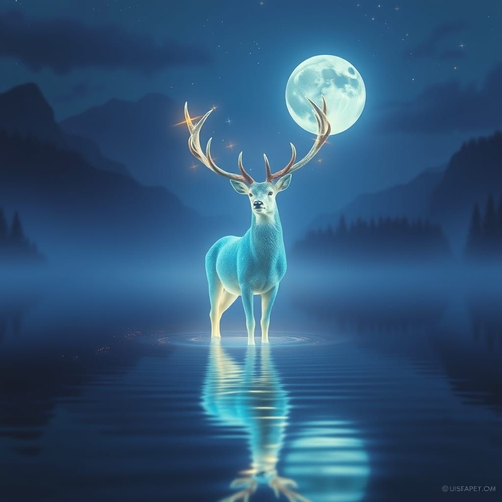 A luminous stag standing in a moonlit lake with stars in its antlers.
A ghostly deer leading travelers ...  by @Lintumilka Manonka