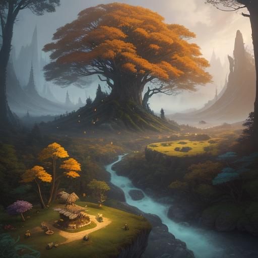 Misty Mountain Range in Whimsical Matte Painting