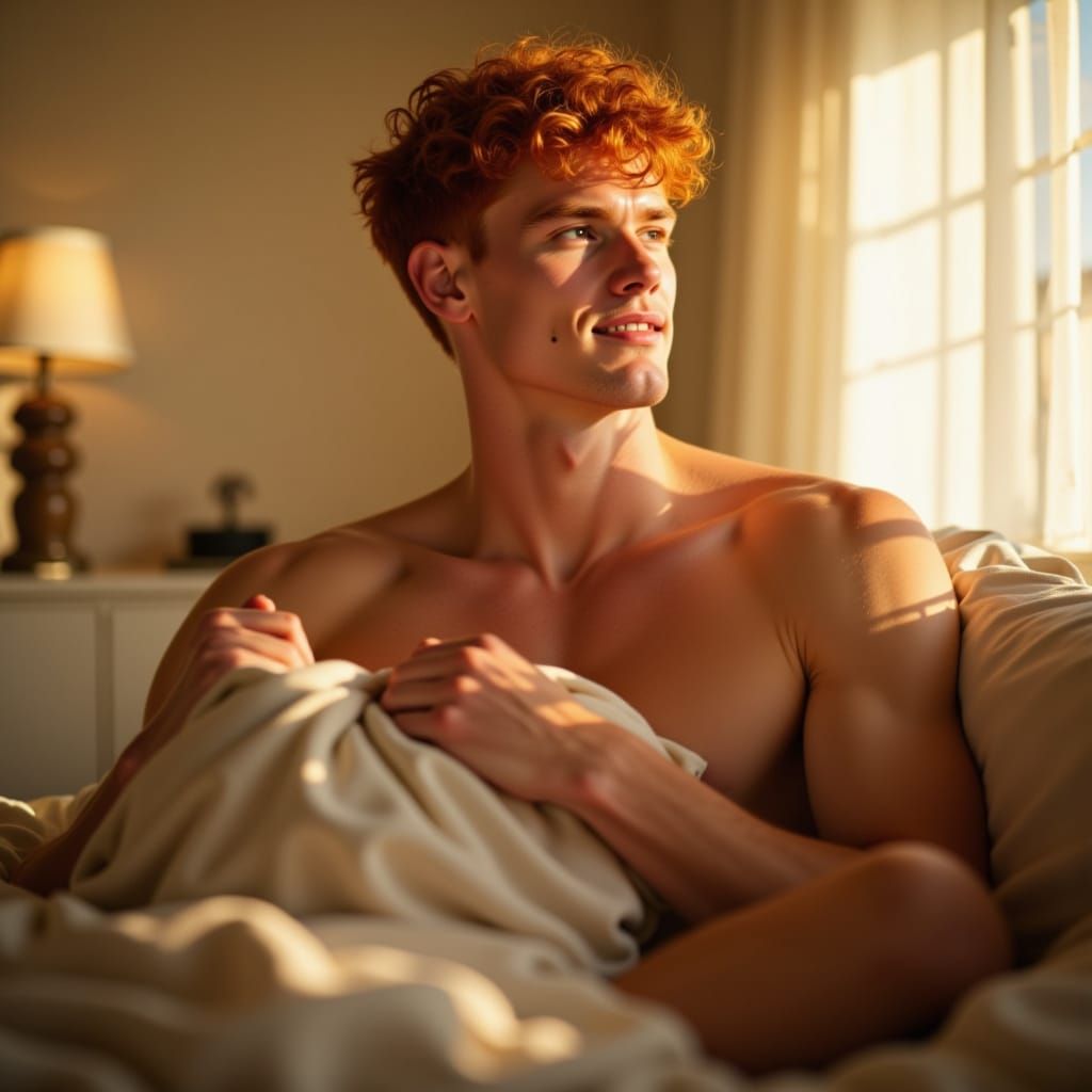 Alpha male yellow ginger 21 years old super bum laying in bed with cloth covering lower body<lora:Adonis 2:1.0>