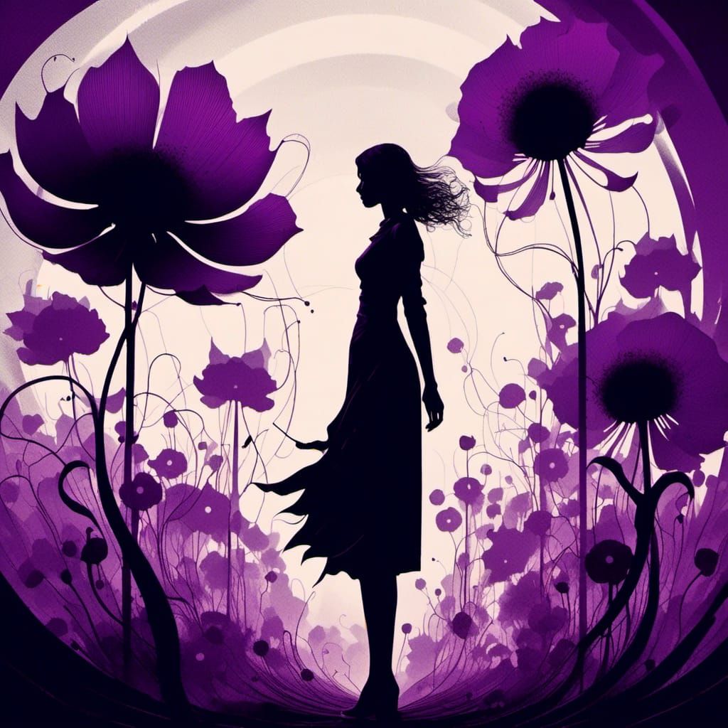 <lora:cminimalisk:1.0> miaximalism SF dark fantasy illustration, woman near thin huge flower silhouette, shadows, black and white with sele...