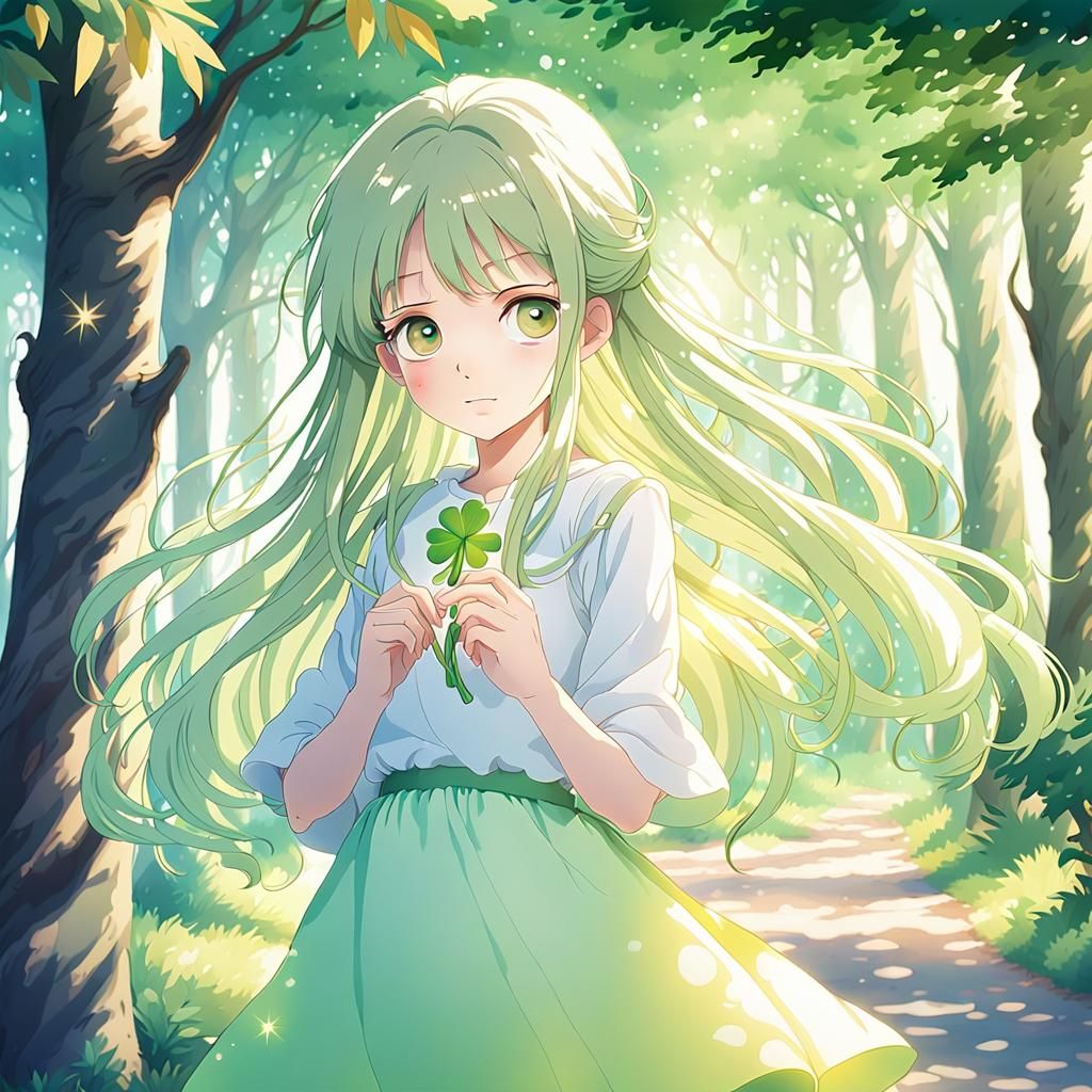 Anime Girl with Clover in Watercolor Style