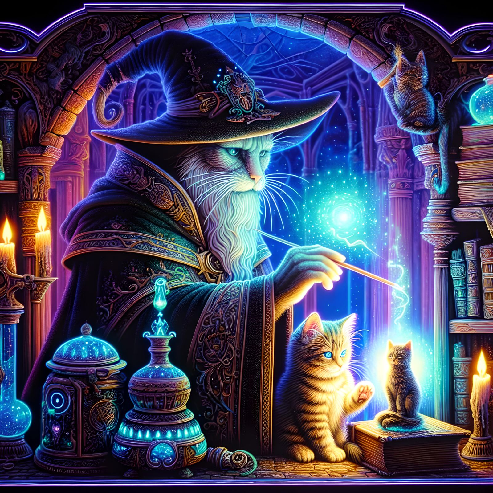 Cat wizard and his kitten apprentice   by @Taralie