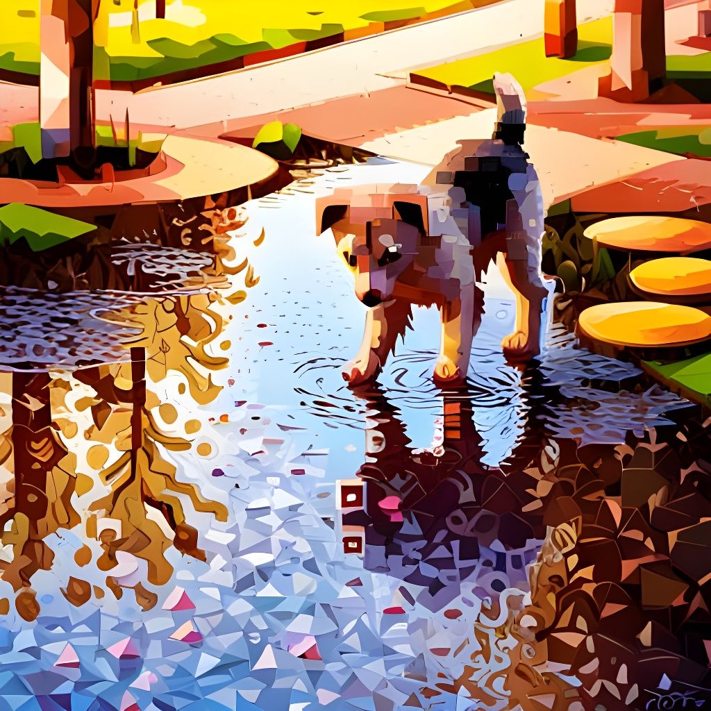 Geometric artwork of a small puppy playing in a muddy puddle, mud, park, trees, flowers, sharp reflections, ...  by @Summerchild