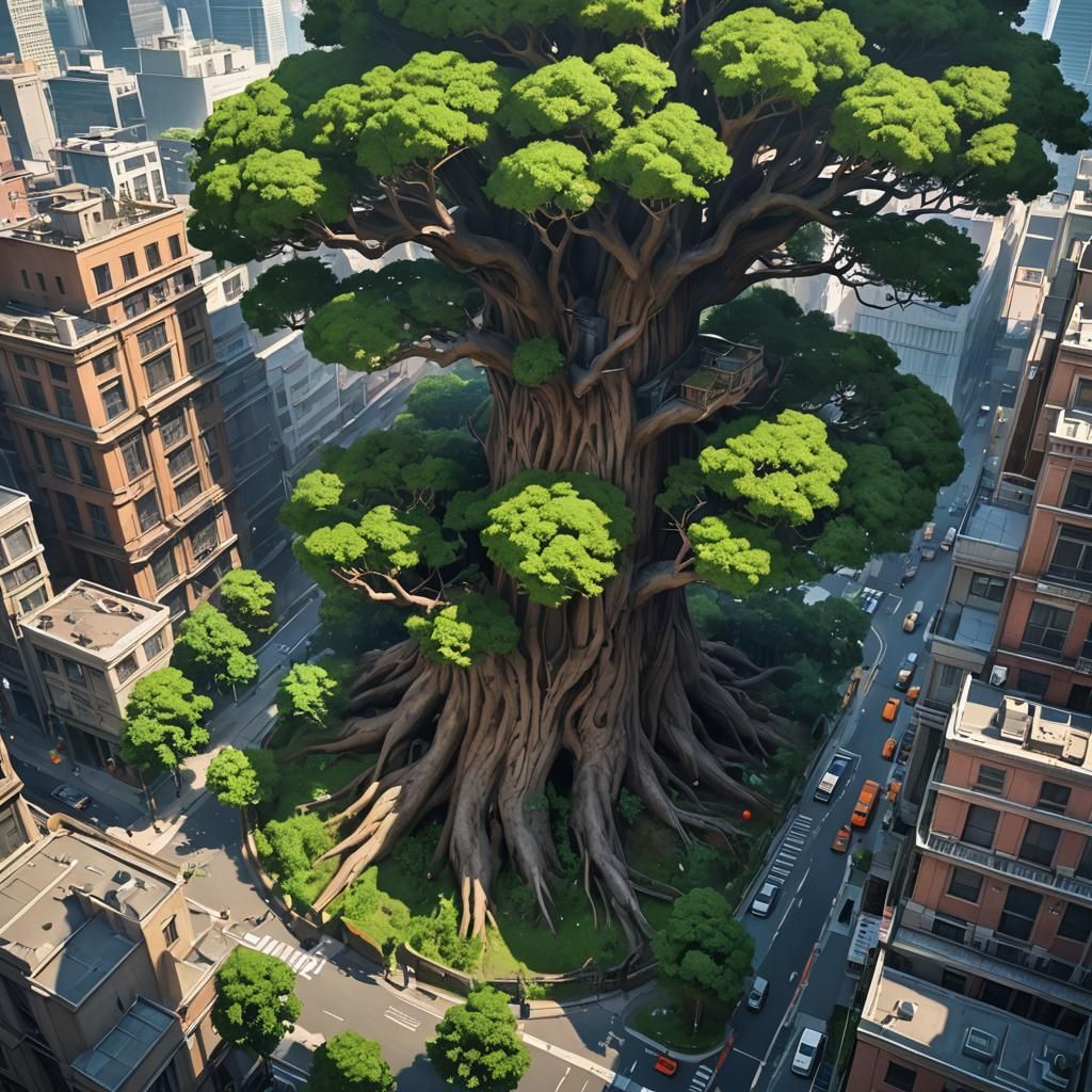 Big city where suddenly a massive tree appeared right in the...