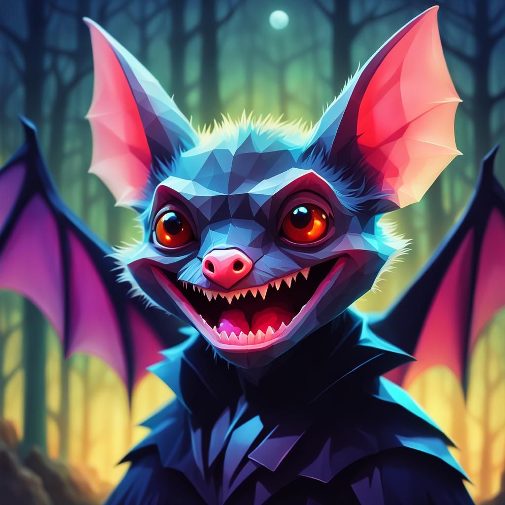 A vampire bat with big, round eyes and a sweet, playful smil...