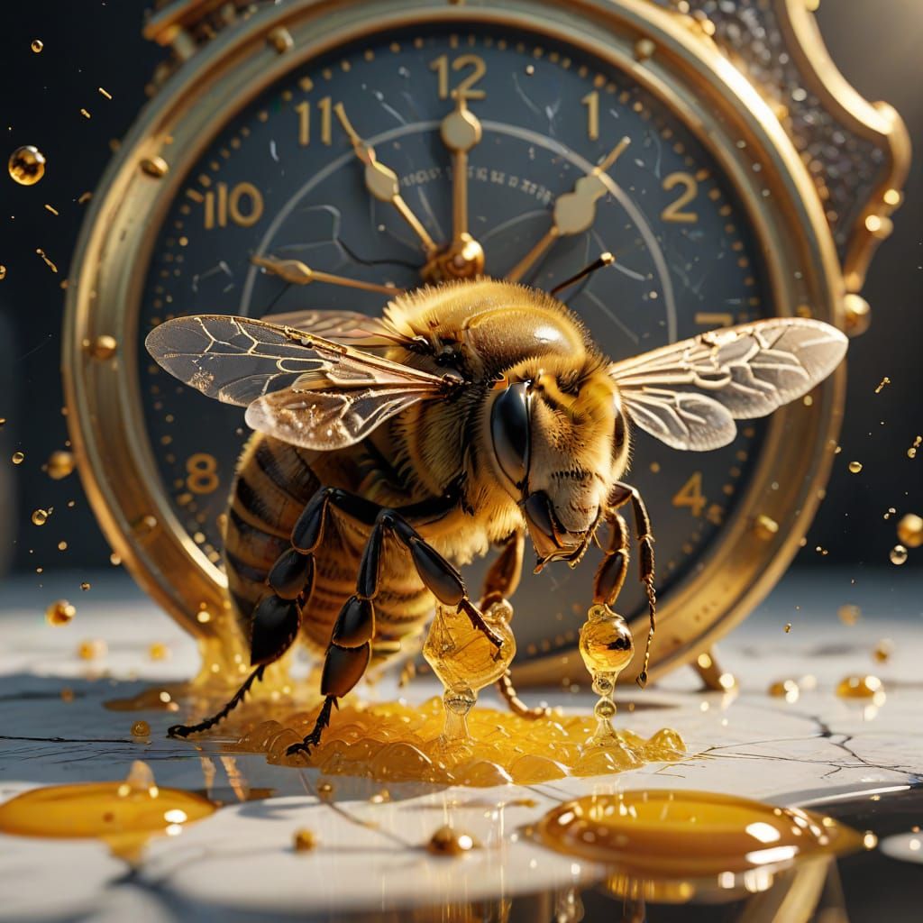 A honey bee extracts pollen from a melting clock. Close-up shot. The bee hovers in front of the clock, its wings buzzing. The clock melts in...