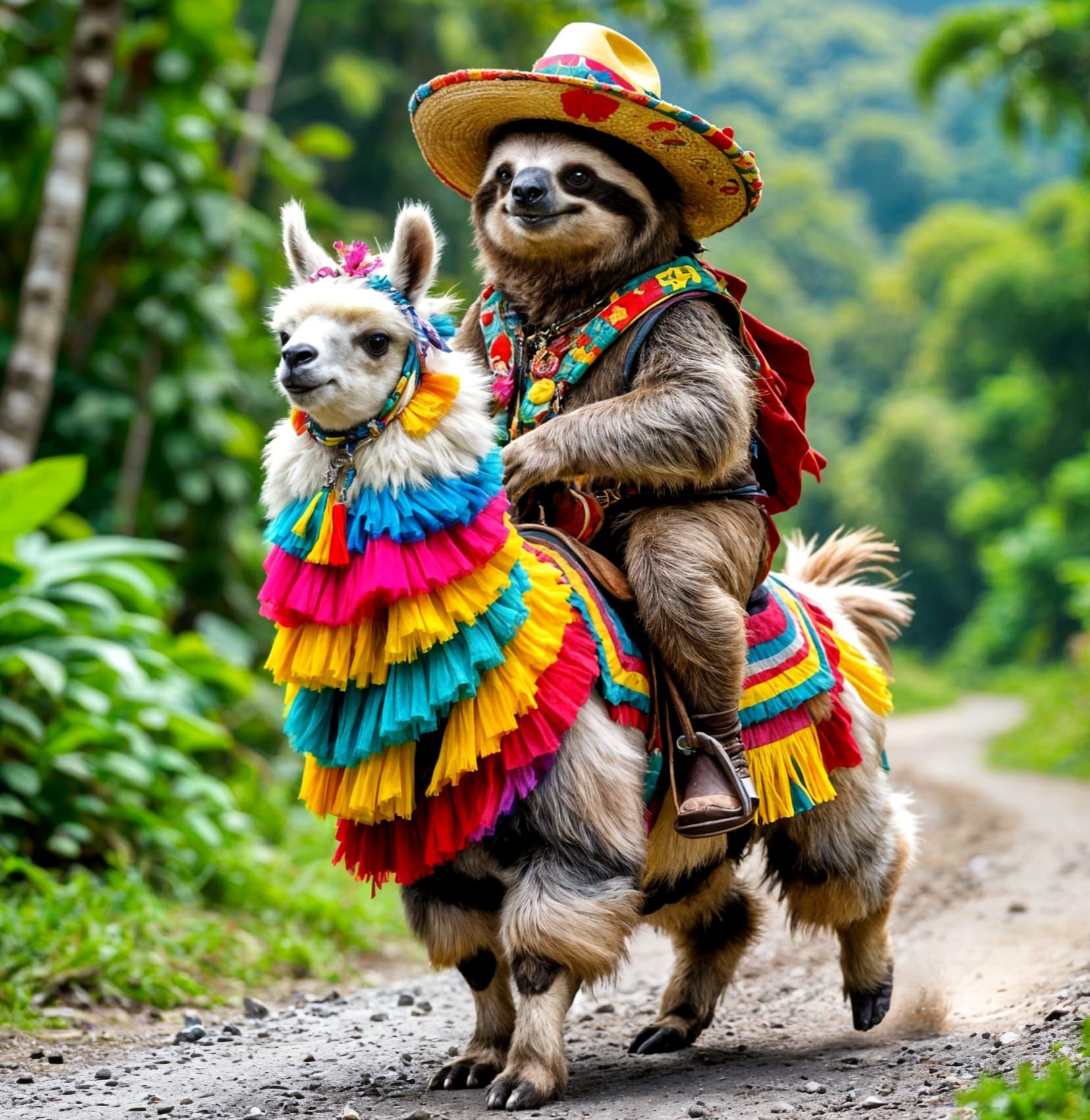 An anthropomorphic sloth riding on a llama.