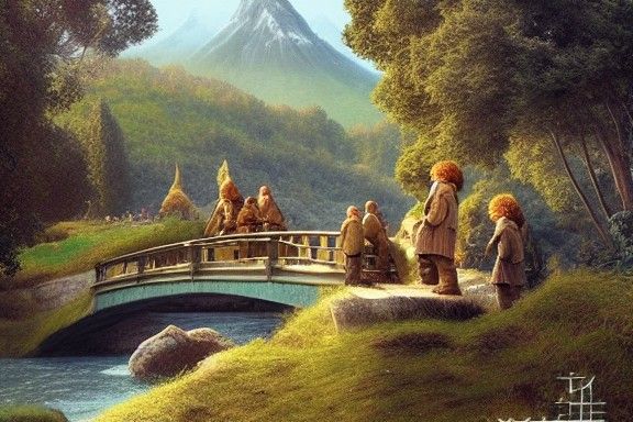 the hobbits with gandalf are walking along the bridge to rivendell, the ...