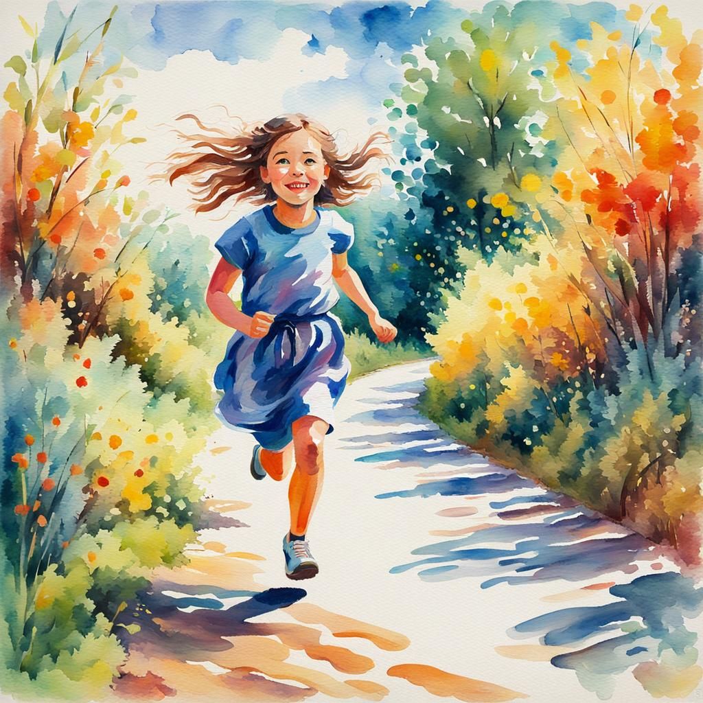 Happy girl child running skipping along the path watercolor ...