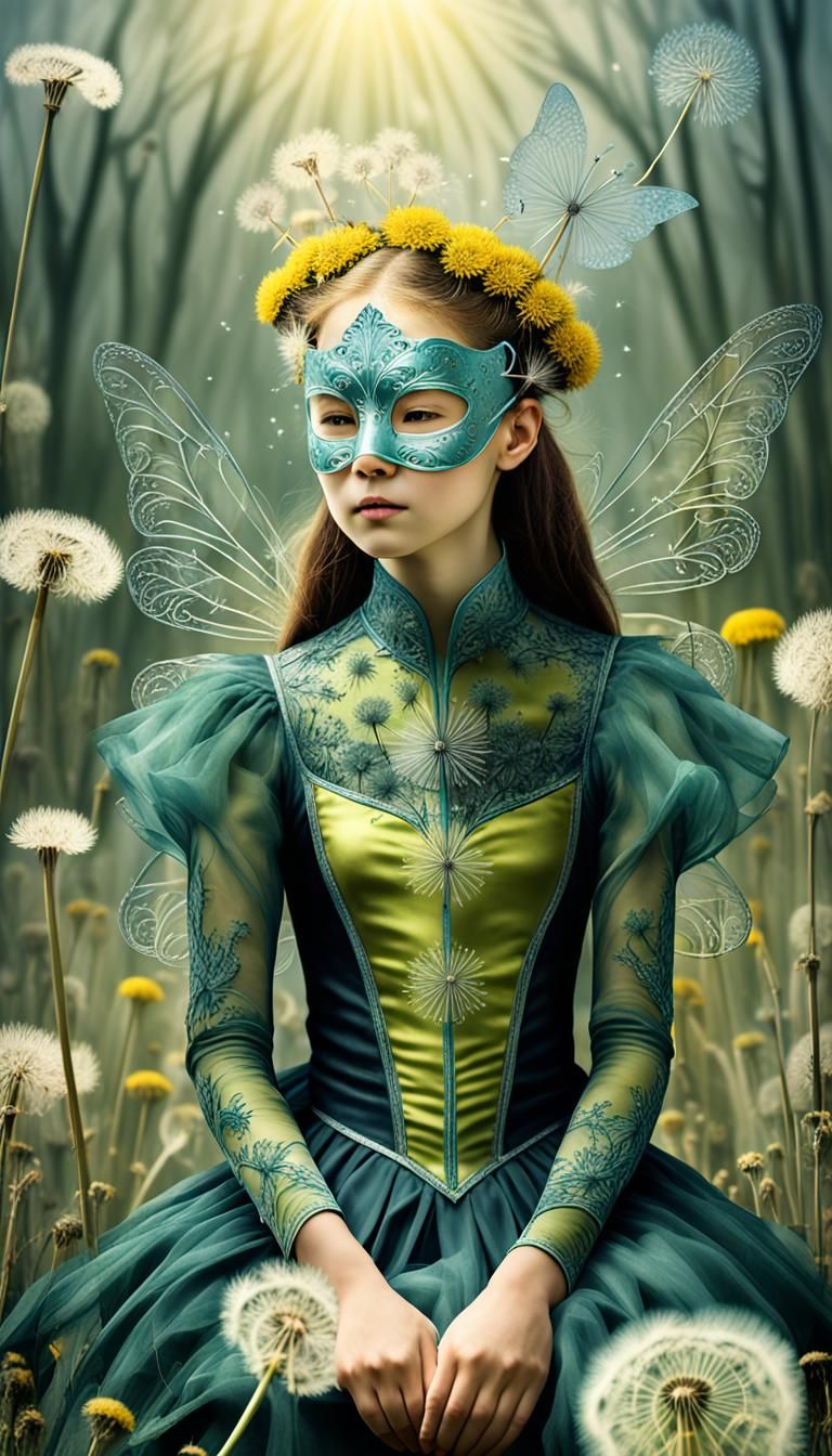 Winged fairies  in a Million Dandelion dreamscape,  making wishes , Salvador Dali collaboration Paul Klee and Tim Burton, Picasso's integra...