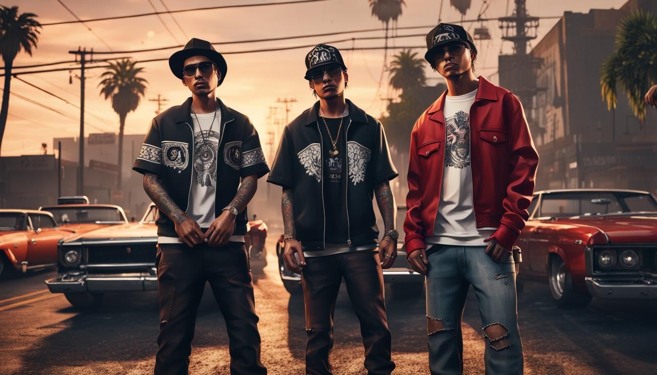 three young Mexican rap gangsters stand on the side of the road in Los ...