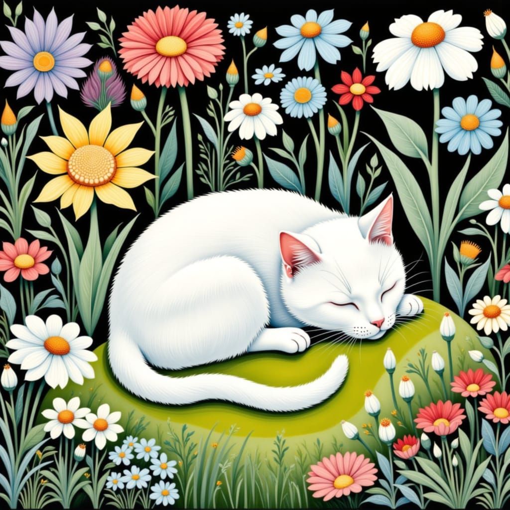 cute white cat napping in the sun in the garden <lora:Scandi:1.0>  intricate and detailed, artistic yet accurate