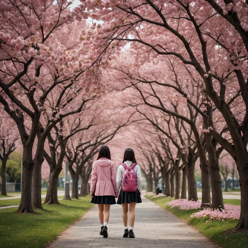 Schoolgirl  behind a pink blooming tree with long path