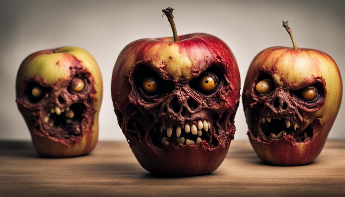 studio photoshoot, studio lighting of a rotten apple with hollowed eyes and rotten skin, partially eaten ...  by @Flustercluck