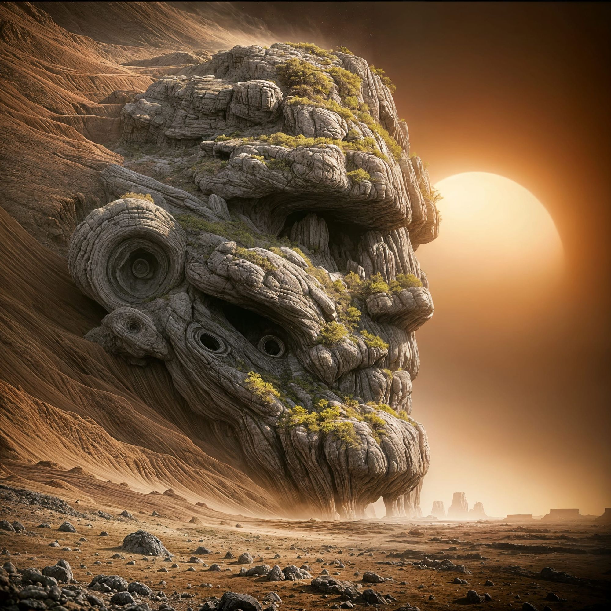 : A weathered, moss-covered rock formation on an alien planet resembles a wise, ancient face. The eyes are deep-set caves, and the mouth is ...