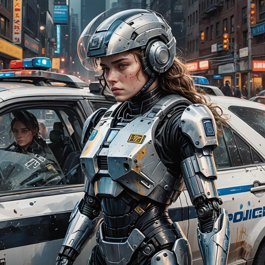 female Robocop cyborg next to police car - AI Generated Artwork ...