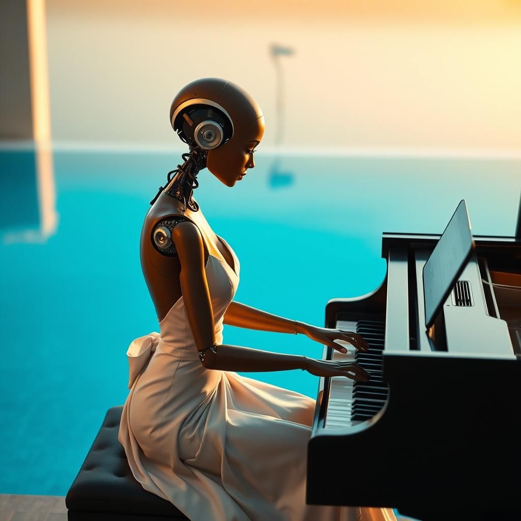 beautiful  female  with plastic brown skin face robot in evening white dress sits and play jazz сoncert in grand piano. Blue big swimming po...