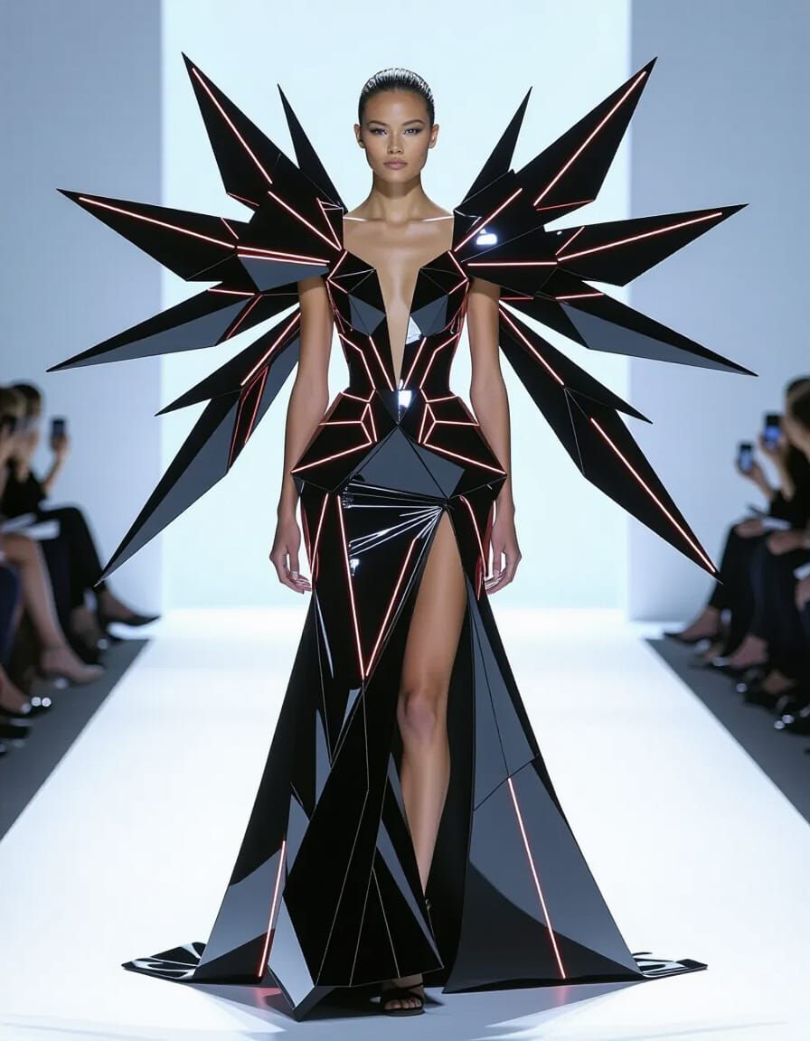 A futuristic runway model showcasing a daring haute couture dress made from sharp, angular panes of obsidian ...  by @SaraM