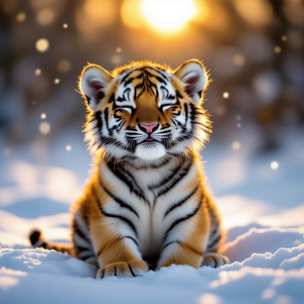 TITLE: Golden Tiger Cub of the Sun (Fantasy Realism)

PROMPT:
Majestic golden-orange tiger cub sitting ...  by @Tiger princess 