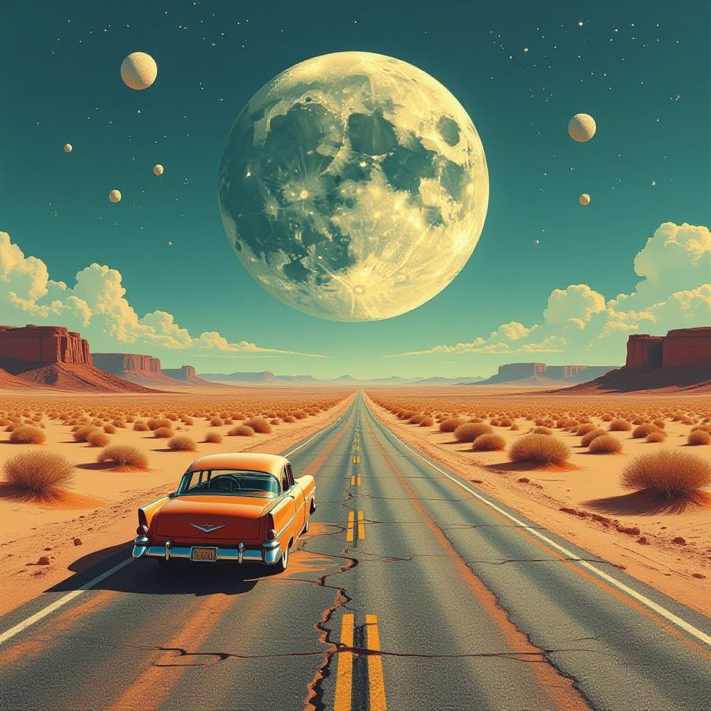 An abandoned, sun-bleached desert highway stretches into the alien wasteland 