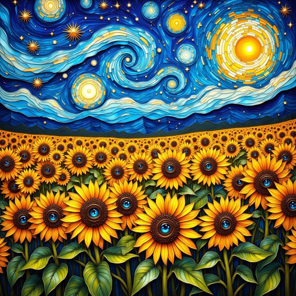 Sunflowers with Human Eyes Under Starry Sky