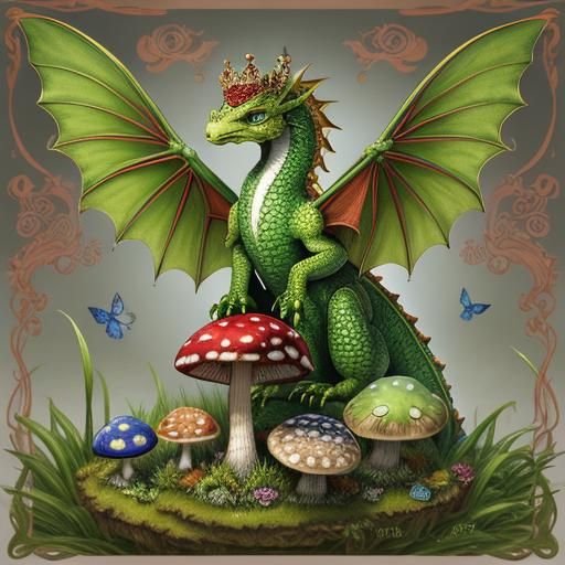 a tiny dragon, adorned with a crown, perched atop a large, v...