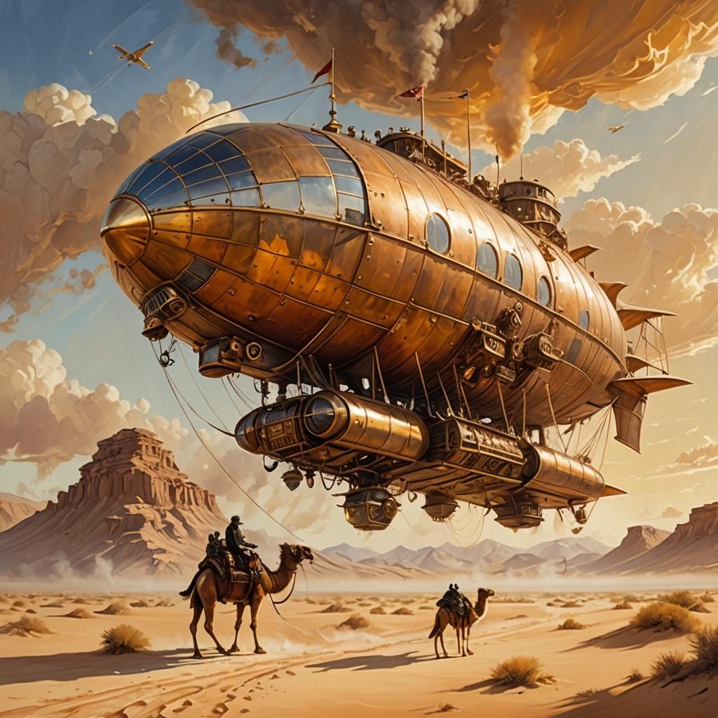A steam-powered airship floating above desert sands. A sneaky camel photobombs with a curious glance. The sandy dunes glow under the golden...