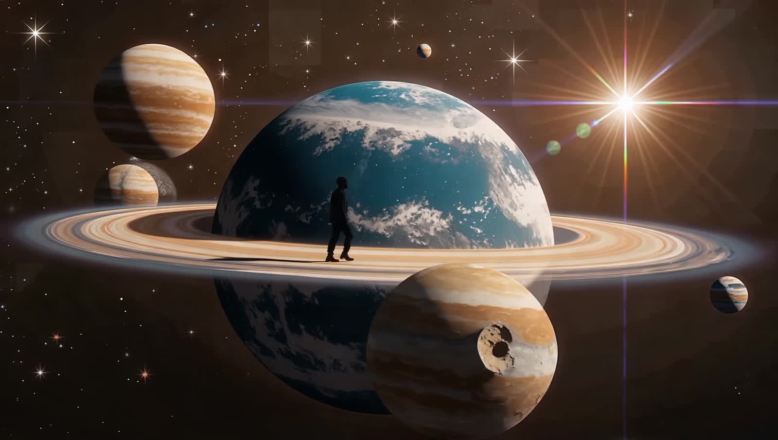 White and blue and sepia artwork. Walking on them planets to get to the stars.. surrealistic, beautiful high definition ...