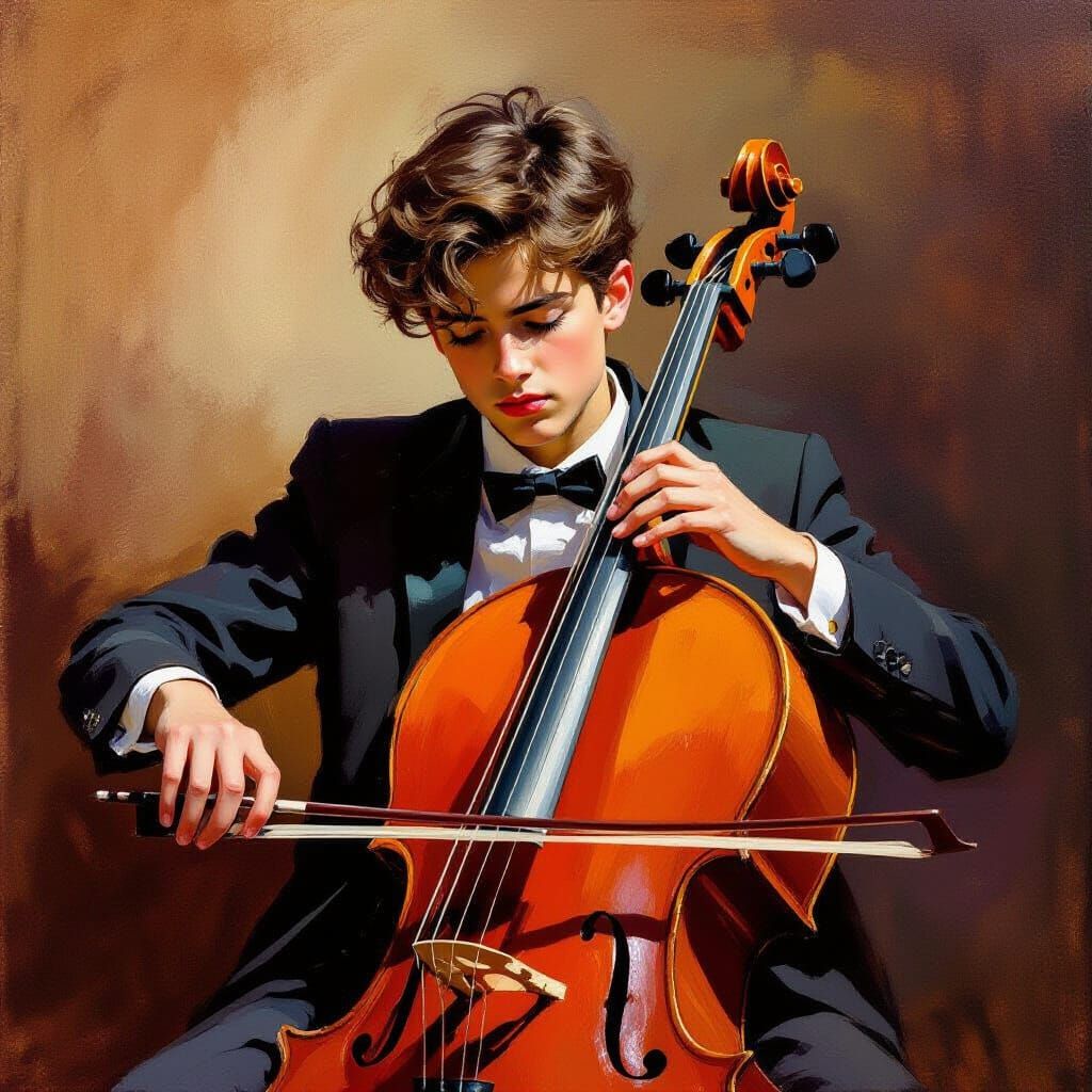 Passionate Boy Playing Cello in Impressionistic Oil Style