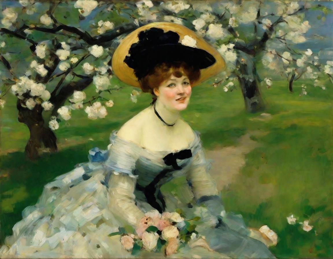 Art by Édouard Manet, amidst a blossoming cherry orchard, a ...