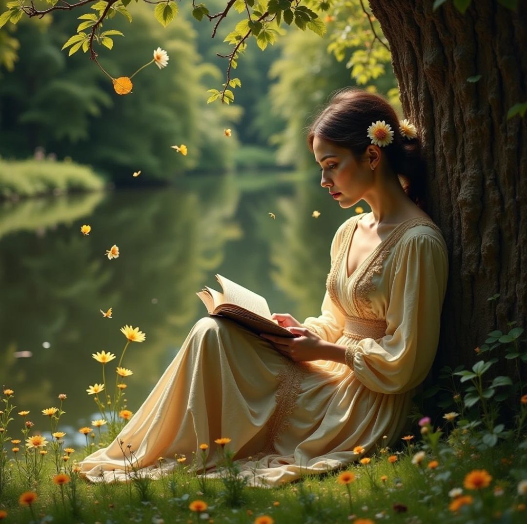 Beautiful woman wearing a dress reading a book in a garden, ...