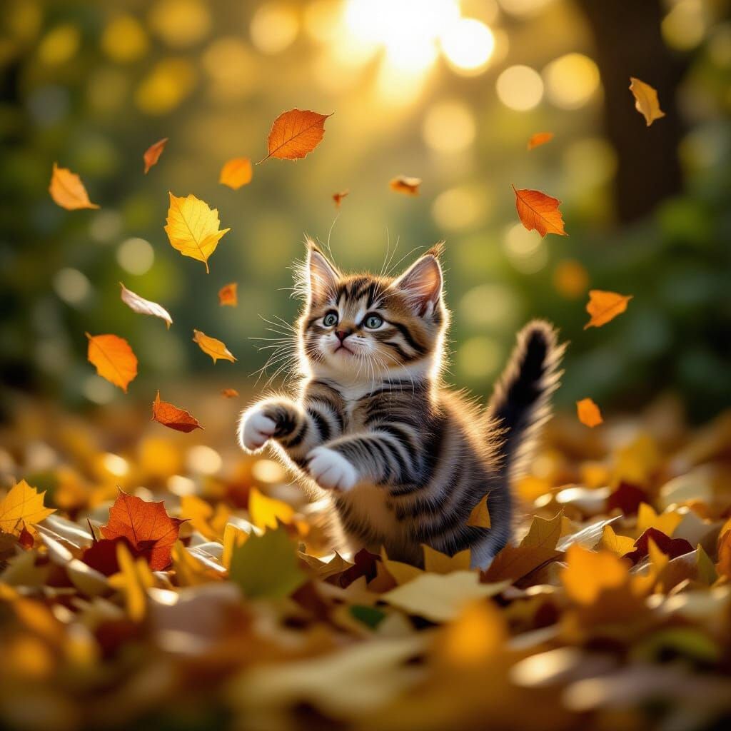 un chaton qui se jette dans un tas de feuille dans le jardin et fait virevolté des feuilles autour de ...  by @Oliver63140