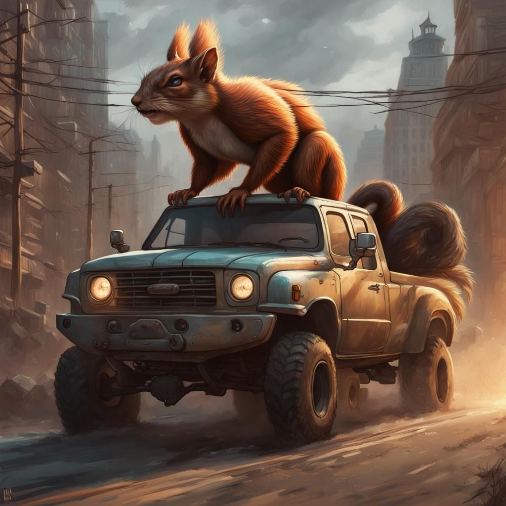 A monster sized 4x4 truck driven by angry squirrels. A bare ...