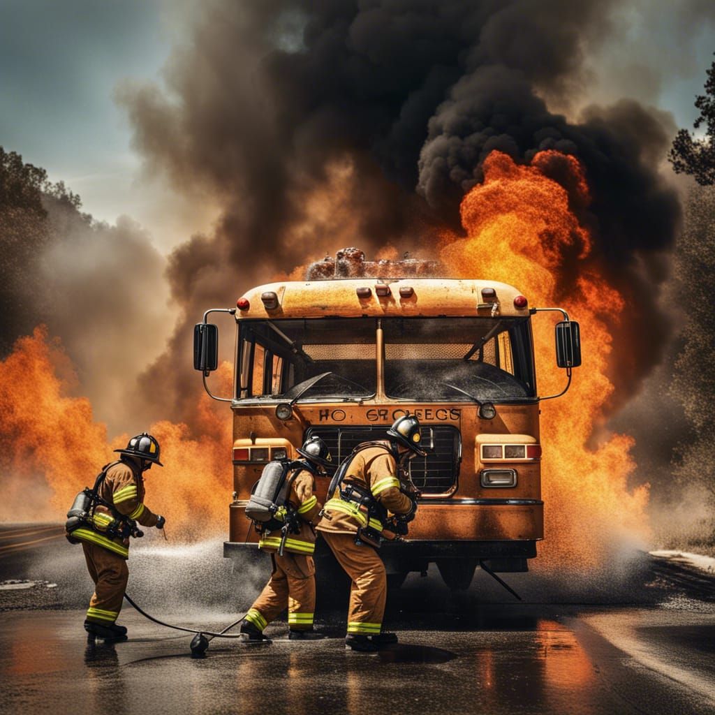 Firefighters water fighting the blazing inferno of a burning school bus  by @Snofuro