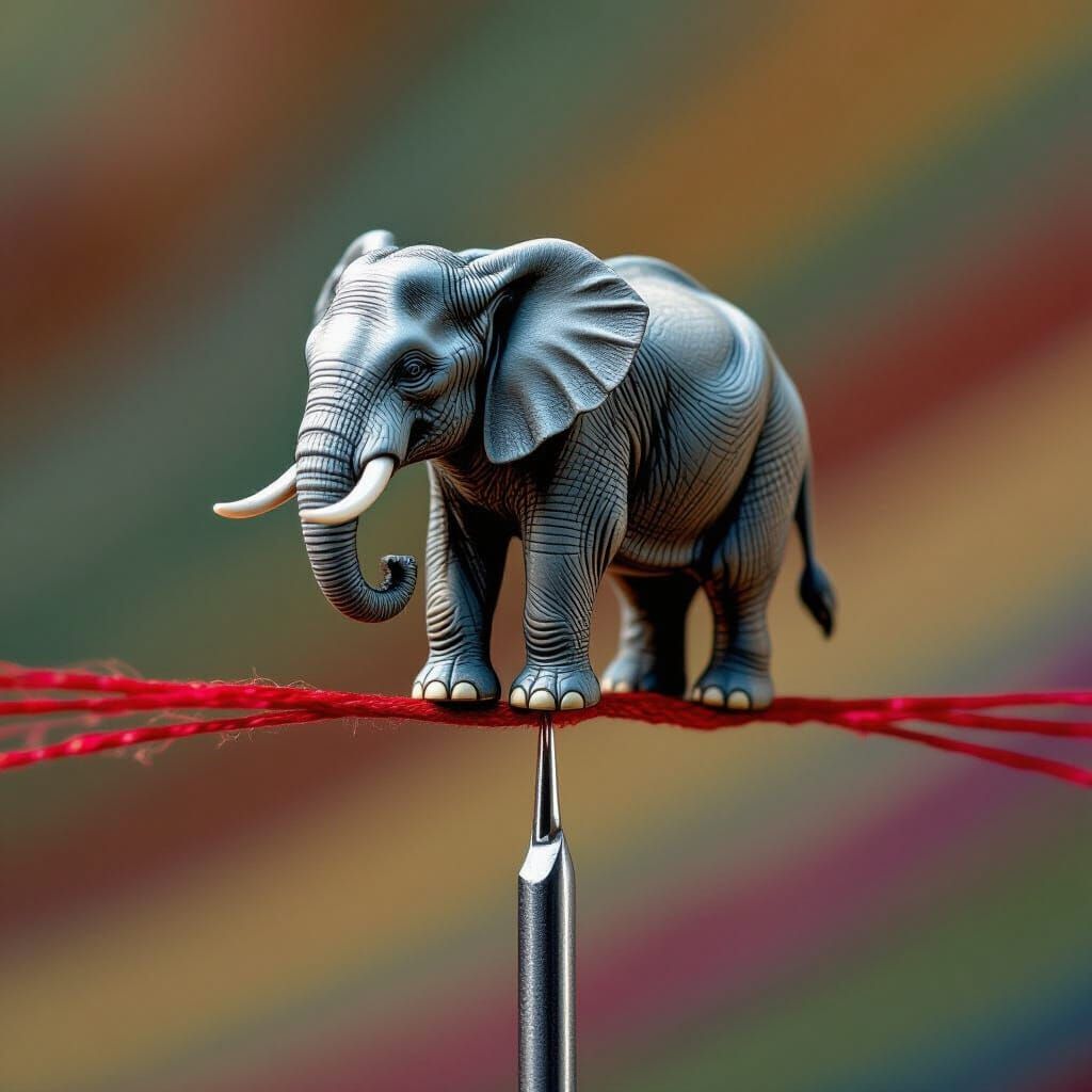 Hyperrealistic Miniature Elephant on Sewing Needle