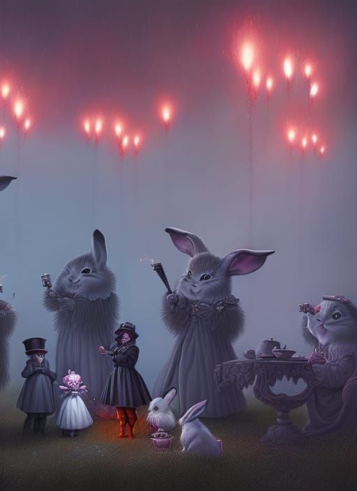 Cute fluffy zombie bunnies lighting many colorful fireworks at a tea ...