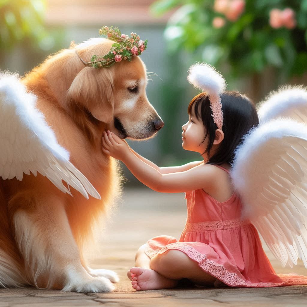 A golden retriever touching a tiny girl with wings