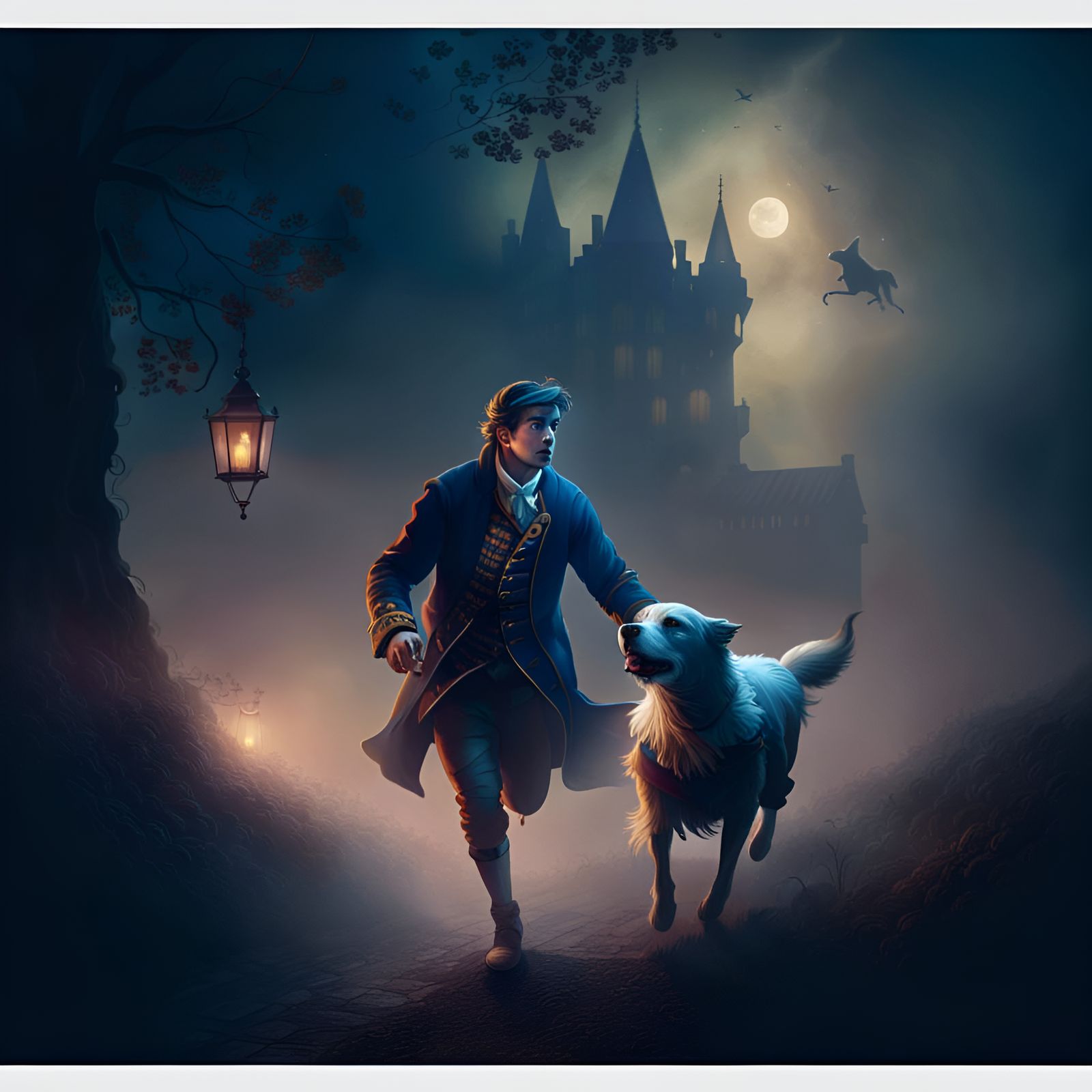 A worried young man chases after a dog in the night mist at ...
