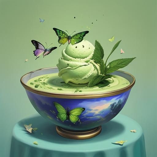 Matcha mint ice cream in a bowl with green butterflies.