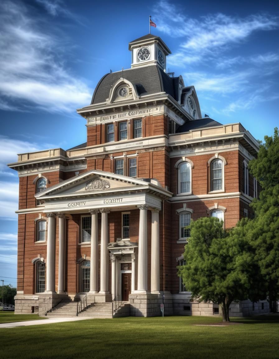 A county courthouse building in a small town with intricate details, HDR, beautifully shot, hyperrealistic, sharp focus, 64 megapixels, perf...